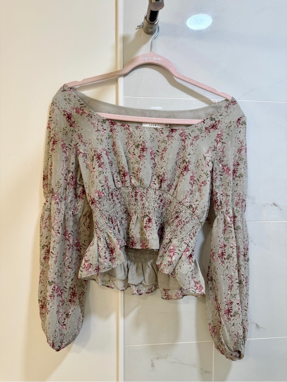 Lush Gray Floral Smocked Blouse